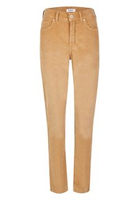 Beige kordflöjtsbyxor med slim-fit, med knappstängning, fem fickor och en mjuk, strukturerad yta.