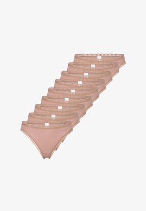 Zestaw dziesięciu par beżowych bawełnianych majtek damskich z delikatną koronką i małą metką z logo na pasku.