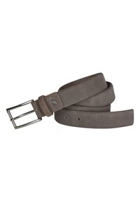 Grijze stoffen riem met een gestructureerd oppervlak, voorzien van een metallic zilveren dubbele tonggesp en meerdere verstelgaatjes.