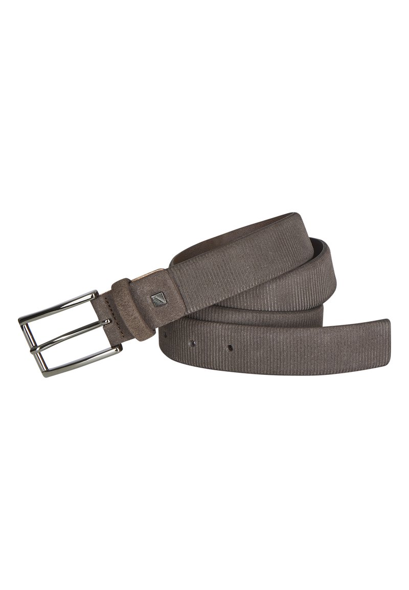 Grijze stoffen riem met een gestructureerd oppervlak, voorzien van een metallic zilveren dubbele tonggesp en meerdere verstelgaatjes.