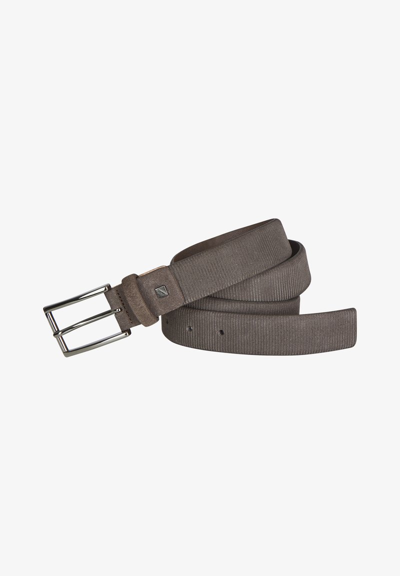 Grijze stoffen riem met een gestructureerd oppervlak, voorzien van een metallic zilveren dubbele tonggesp en meerdere verstelgaatjes.