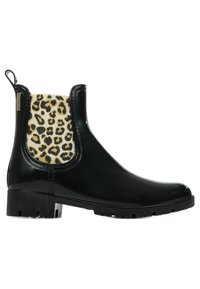 Botas Chelsea impermeables negras con un panel lateral elástico de estampado de leopardo, suela de goma texturizada y tirador para facilitar su uso.