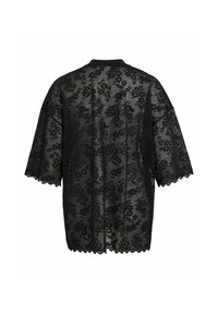 Czarny koronkowy kimono z kwiatowym wzorem, luźnym krojem i krótkimi rękawami. Posiada zakończenia z falbanką oraz prążkowany kołnierz. Przezroczysta faktura.