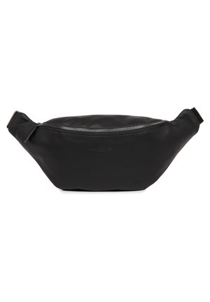 Sac banane en cuir noir avec une texture lisse, une fermeture zippée et un logo embossé ton sur ton. Forme incurvée avec une sangle réglable.