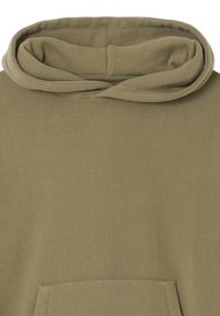 Oliwkowa zielona bluza z kapturem o miękkiej fakturze, z prążkowanym wykończeniem i przednią kieszenią. Materiał ma subtelny wzór dzianiny.