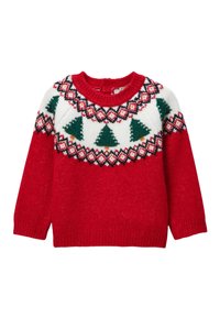 Pull en maille rouge avec un empiècement blanc orné d'arbres verts et d'un motif géométrique en rouge et noir. Matière chaude et confortable.
