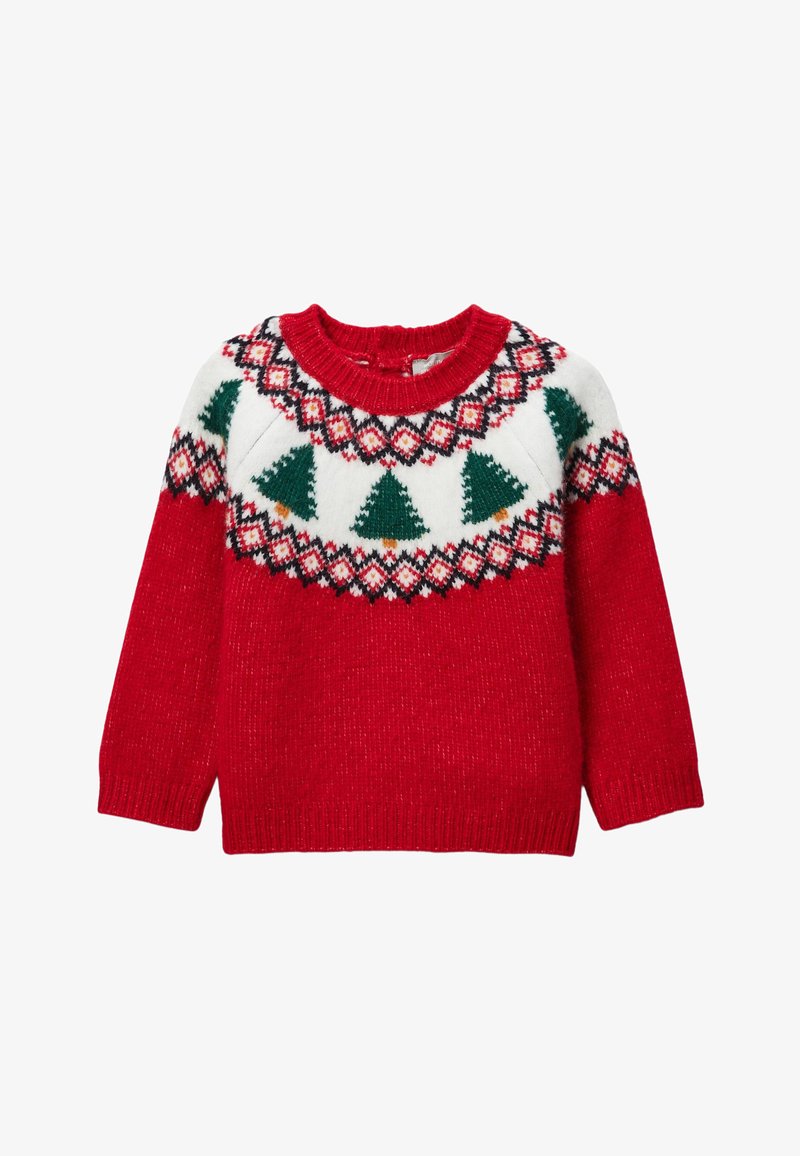 Pull en maille rouge avec un empiècement blanc orné d'arbres verts et d'un motif géométrique en rouge et noir. Matière chaude et confortable.