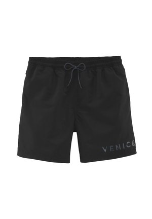 Costumini da bagno neri con vita elasticizzata e cordino. Presentano una superficie liscia e la parola "VENICE" in grigio chiaro sul lato sinistro in basso.