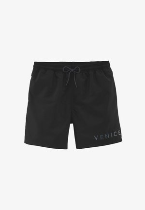 Schwarze Schwimmshorts mit einem elastischen Bund und Kordelzug. Sie haben eine glatte Textur und das Wort "VENICE" in hellgrau auf der unteren linken Seite.
