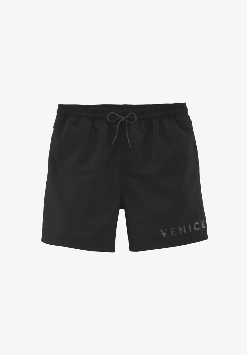 Čierne plavky na plávanie s elastickým pásom a šnúrkou. Vyznačujú sa hladkou textúrou a nápisom "VENICE" v svetlo šedej farbe na dolnej ľavej strane.