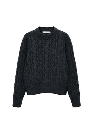 Dunkelgrauer Strickpullover mit strukturiertem Kabelmuster, rundem Ausschnitt und gerippten Bündchen und Saum. Verkürzter Schnitt.
