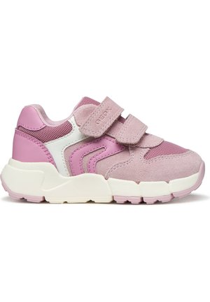 Pink and white children's sneaker with dual velcro straps, suede and mesh upper, and thick white sole.
