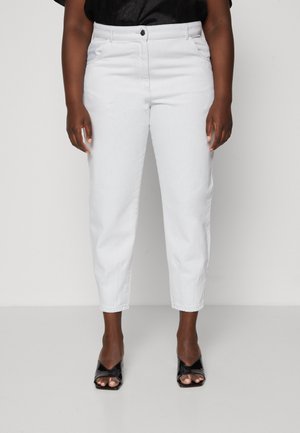Light gray denim trousers with a fitted waist, straight leg, and ankle length. Features front pockets and a front button closure.