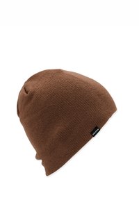 Brown knit beanie made of soft fabric, featuring a textured pattern and a small branded tag on the side. Stretchy and snug fit.