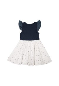 Námořnický modrý bezrukávový top s volánovými rameny, bílá sukně s malými modrými puntíky a kulatým lemem. Lehce látka.