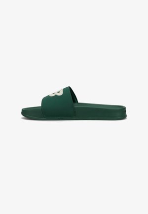 Green slide sandal with a thick strap featuring a white logo. Made of smooth, durable material; flat sole with a rounded shape.