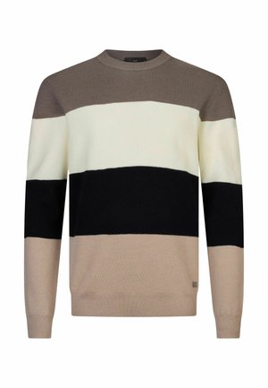 Dryžuota megztinis, kuriame matyti kreminės, smėlio, rudos ir juodos juostos. Apvalus iškirpimas, su raštuotais rankovėmis ir apatine dalimi, pagamintas iš minkštos mezginio medžiagos.