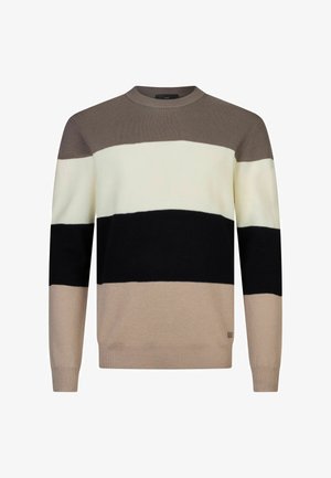 Pasičast pulover z trakovi v krem, bež, rjavi in črni barvi. Okrogli izrez z rebrastimi manšetami in robom, izdelan iz mehkega pletenega materiala.