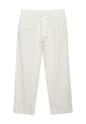 Białe spodnie o prostych nogawkach z cienkimi pionowymi czarnymi paskami i ściągaczem z przodu w pasie.