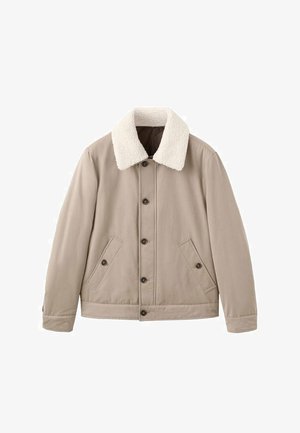 Beige jacket with a textured white fur collar, front button closure, and two side pockets, featuring a smooth exterior and tailored fit.