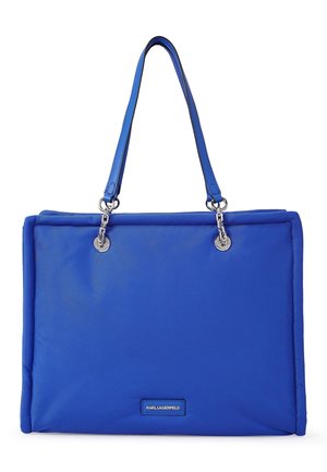 Sac cabas rectangulaire bleu avec doubles bandoulières et garnitures argentées, avec une petite plaque logo Karl Lagerfeld sur le devant.