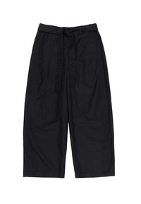 Black cropped trousers made of lightweight fabric, featuring a tied waistband, two side pockets, and a smooth texture.