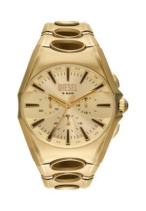 Montre-bracelet Diesel dorée avec trois sous-cadrans, résistance à l'eau de 5 bars, index dorés et bracelet à maillons métalliques.