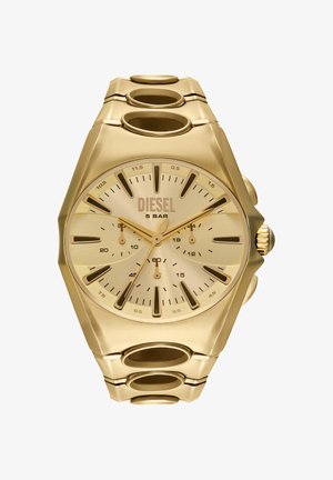 Orologio da polso Diesel dorato con tre subquadranti, resistenza all'acqua di 5 bar, indici delle ore dorati e bracciale a maglie metallico.