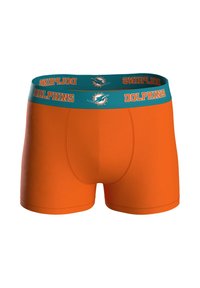 Oranžové boxerky s modrozeleným pasem, na kterém je nápis "DOLPHINS" tučným písmem a logo. Hladká textura a přiléhavý střih.