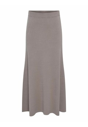 Strikket midi-skjørt i lys grå med en jevn tekstur, utsvingt nederkant og elastisk midje. Enkelt design uten synlige mønstre eller hardware.