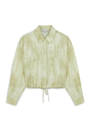 Hellgrünes, strukturiertes Hemd mit klassischem Kragen, langen Ärmeln und einem verstellbaren Kordelzugsaum. Verfügt über ein dezentes Muster.