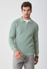 Light green ribbed pullover with half-zip collar, long sleeves, and fitted hem. Worn over a white shirt and paired with gray jeans.