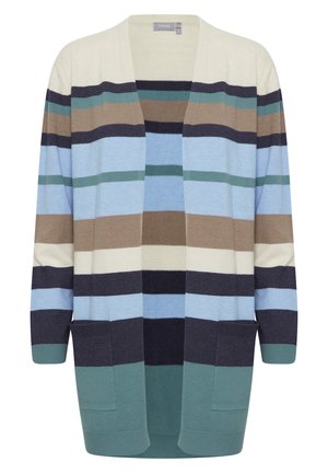 Prúžkovaný kardigán v krémovej, modrej, zelenej, hnedej a námorníckej farbe. Má otvorený predný diel, dlhé rukávy a bočné vrecká. Mäkko pletená textúra.