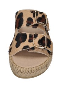 Leopard print sandals with two straps, gold buckles, and a woven jute sole. The upper has a soft texture and beige coloration.