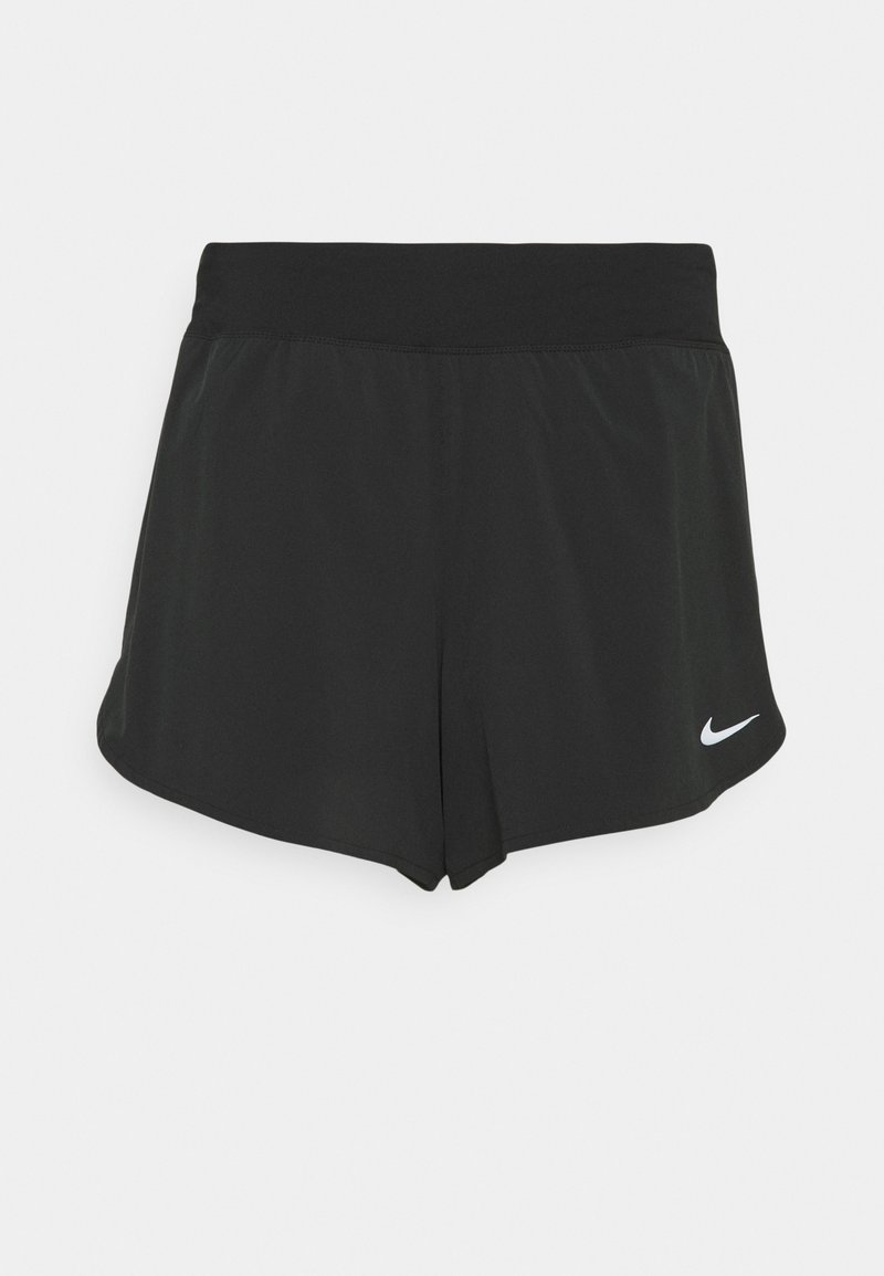 Shorts de sport noirs avec une large ceinture et un petit logo blanc Nike swoosh sur la partie inférieure de la jambe gauche.