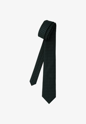 Black necktie with small white polka dots, narrow and long, displayed rolled at the top on a white background.