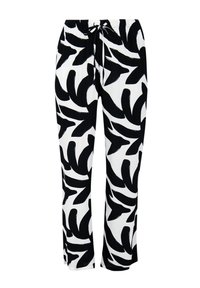 Schwarz-weiße gemusterte Hosen mit einem Blättermuster. Aus leichtem Stoff gefertigt, mit einem elastischen Bund und einer Kordel. 