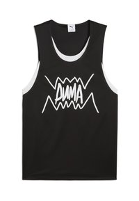 Svart ermeløs tanktop med hvite detaljer som har en dristig, stilisert "PUMA" logo i sentrum. Laget av et mesh-lignende stoff.
