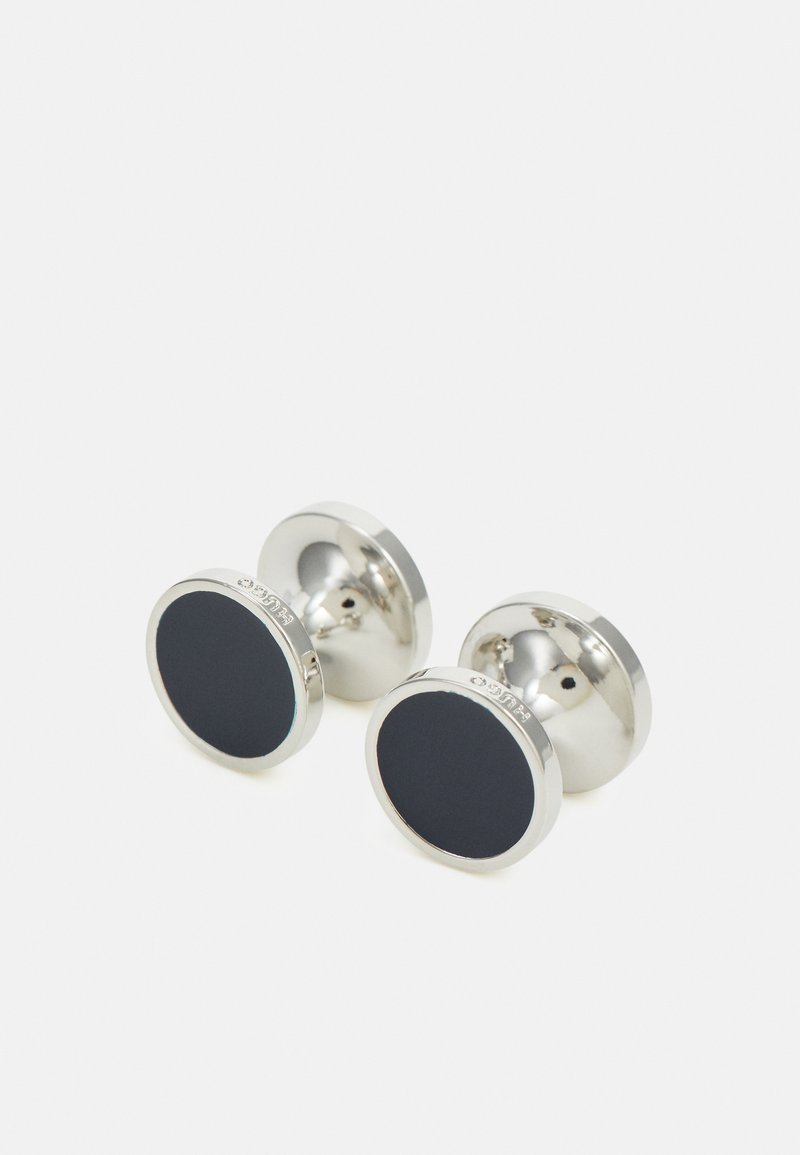 Silver-tone cufflinks with a circular shape, featuring a matte black center and a polished metal border. Smooth texture, no additional patterns.