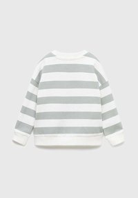 Felpa a righe con strisce alternate di grigio chiaro e bianco, tessuto morbido, scollo rotondo e polsini e orlo a costine.