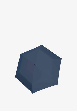 Navy blue umbrella with a hexagonal canopy. Made of durable fabric, features a central button for opening and closing, smooth texture.
