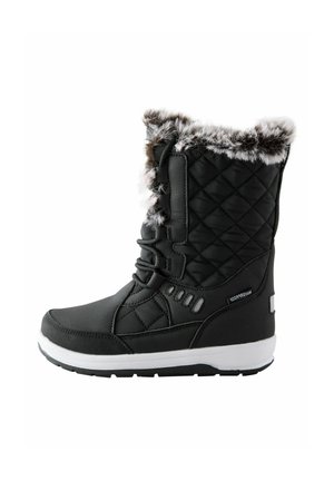 Black waterproof winter boot with quilted sides, faux fur trim, laces on front, and white sole designed for cold weather.