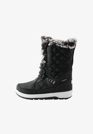 Schwarzer wasserdichter Winterstiefel mit gesteppten Seiten, Kunstfellbesatz, Schnürung an der Vorderseite und weißer Sohle, entworfen für kaltes Wetter.