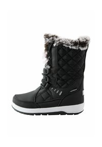 Czarne wodoodporne zimowe buty z pikowanymi bokami, sztucznym futrem, sznurowaniem z przodu i białą podeszwą, zaprojektowane do noszenia w zimnych warunkach.