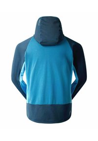 Kapuzenshirt in verblassenden Blautönen, mit strukturiertem Stoff, kontrastierenden marineblauen Ärmeln und einem runden Kragen-Design.