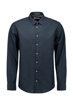 Donkerblauw langemouwen shirt gemaakt van een gladde stof. Kenmerkt zich door een opstaande kraag, knopen aan de voorkant en een subtiel logo op de borst.