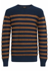 Pull marin avec des rayures horizontales orange, col rond, manches longues et bords côtelés, fabriqué en un matériau tricoté doux.