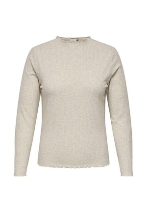Geribbeld langemouwen top in lichtbeige. Heeft een ronde hals en een geschulpte zoom. Gemaakt van een zachte, textuurstof.
