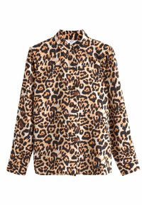 Læderjakke med leopardmønster i let stof. Har en klassisk krave, lange ærmer og sorte knapper mod en beige baggrund.