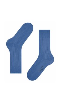 Blaue Baumwollsocken mit gerippter Textur und verstärkten Zehen. Mit Branding an der Sohle. Klassisches Knöchellängen-Design.